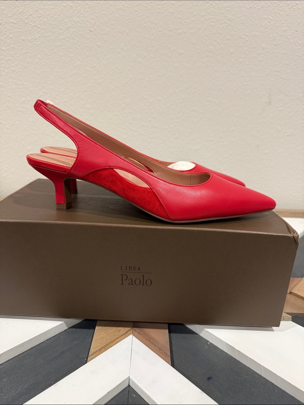 Linea Paolo CorleyX-L True Red Napa Slingback Kitten Heel Pumps Size 9 New